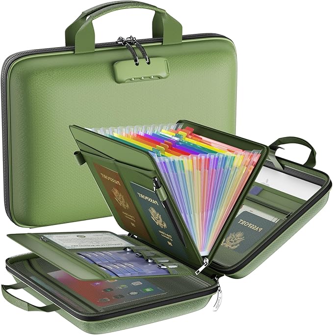 Fireproof File Organizer with Lock, Hard-Shell Case Fireproof Document Box with 13 Colorful Pockets Accordion File Folder, Important Document Organizer for Letter A4 Files Laptop Passports (Green)