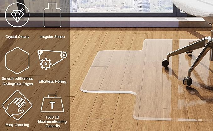 MESAILUP Beveled Edge Irregular Office Chair Mat with Lip for Carpet or Hardwood Floor Crystal Clear 36" x 48" Smooth Glide and Easy Roll On/Off, Heavy Duty and Non-Slip Pad Floor Chair Mat with Lip