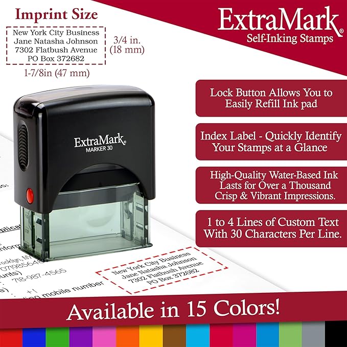 ExtraMark Return Address Stamp - 4 Lines Personalized Stamp - Customizable Text Stamp – Self Inking Design - Exclusive Features - Multiple Ink Color Options and Fonts