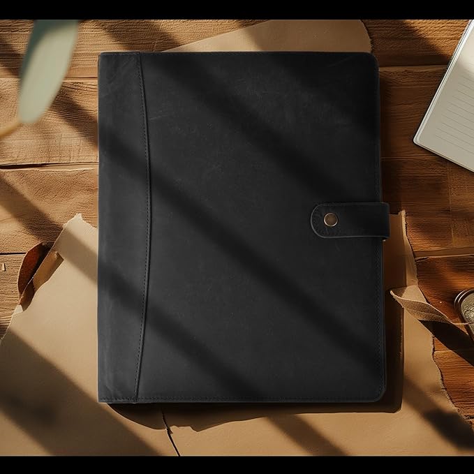 Leather Village Leather Portfolio Organizer - Professional Business Padfolio for Men & Women - Stylish Document Card Holder, Resume Folder, Folio for A4/Letter Size Writing Legal Pad, Black