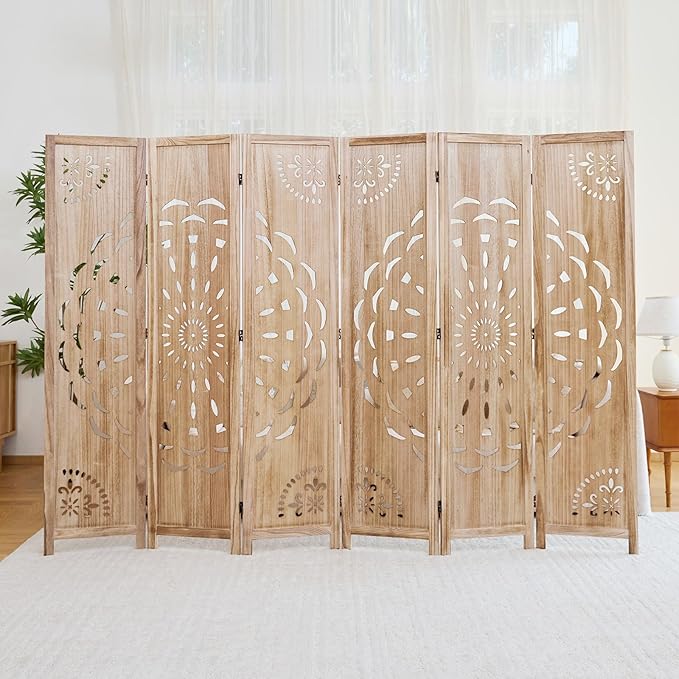 66.9Inch Wooden Room Partition - 6 Panels Boho-Styled Space Room Divider for Home/Office, Headboard & Yoga/Photo/Video Call Backdrop (Natural)