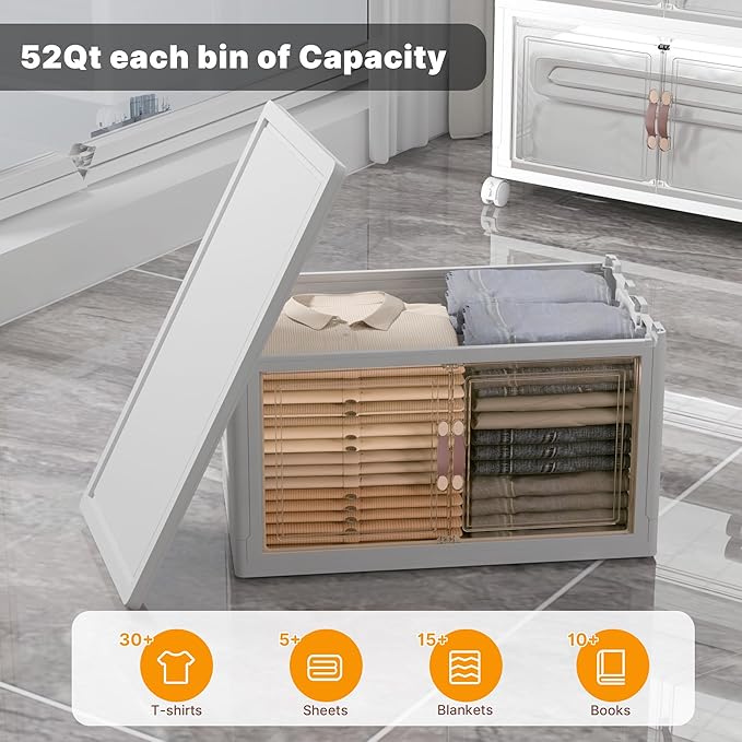 UAMFURI Extra Large Stackable Storage Bins with Lids & Wheels & Door, 260QT-52QT/13GAL*5Pack Foldable Collapsible Closet Organizers, Plastic containers drawers for bedroom Dorm
