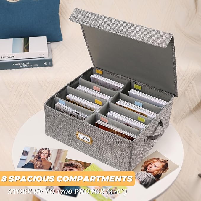 Erogeen Decorative Photo Storage Box with lid 4x6, 8 Inner Photo Organizer with Dividers, Memory Storage Box for Pictures, Stamps, Keepsakes (Gray)