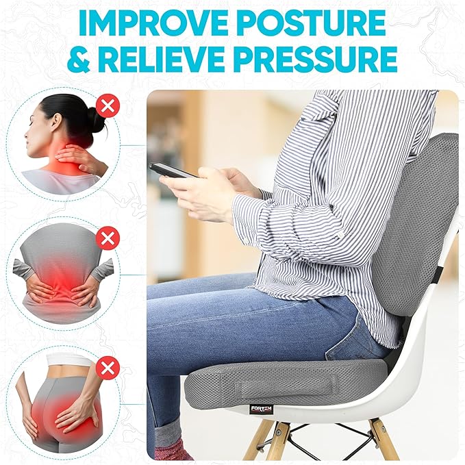 FORTEM Seat Cushion, Office Chair Cushion, Lumbar Support Pillow for Office Chair, Memory Foam Sciatica Coccyx Tailbone Pressure Pain Relief, Car Sitting Pad, Washable Non Slip, XL