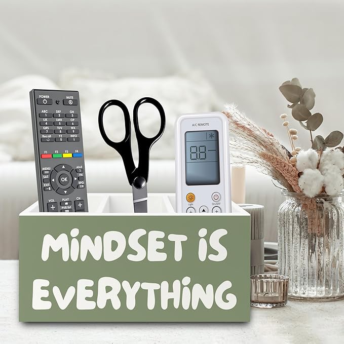 XPH Green Inspirational Pen Pencil Holder Organizer for Desk, Inspirational Gifts for Women, Mindset Is Everything Motivational Wooden Box Sign for Home Office Desk Tabletop Decorations