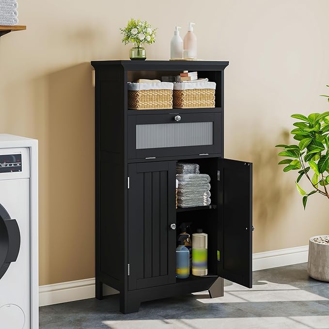 ChooChoo Freestanding Bathroom Cabinet with Flip Glass Drawer, 2 Doors, Adjustable Shelf, Open Storage for Bathroom, Living Room, Hallway, Black
