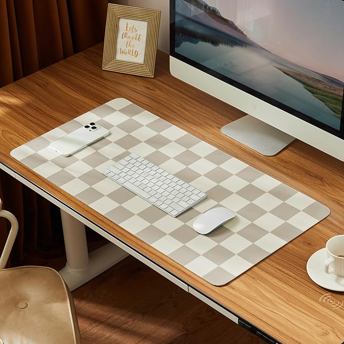 Ohocut Checkered Desk Mat, Large Cute Aesthetic Retro PU Leather Computer Laptop Desk Mat, Non-Slip Waterproof Mouse Keyboard Pad, Desk Writing Mat for Work/Home (Khaki, 23.6" x 13.7")
