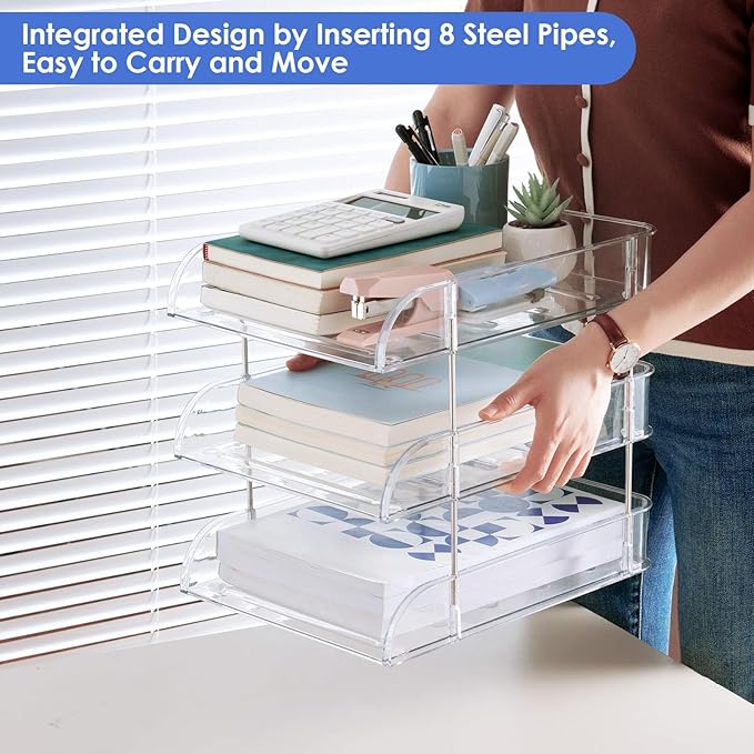 Noger Desk Organizers and Storage, 3 Tier Clear Heightened Stackable Paper Tray Organizer for Document, Letter, A4 File Paper, Desk Accessories, Office Supplies (Clear, 3 Pack)