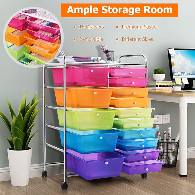 HAPPYGRILL 15-Drawer Rolling Cart, Storage Carts with Removable Drawers & Steel Frame, Utility Cart on Lockable Wheels for Home, School, Office,Colorful