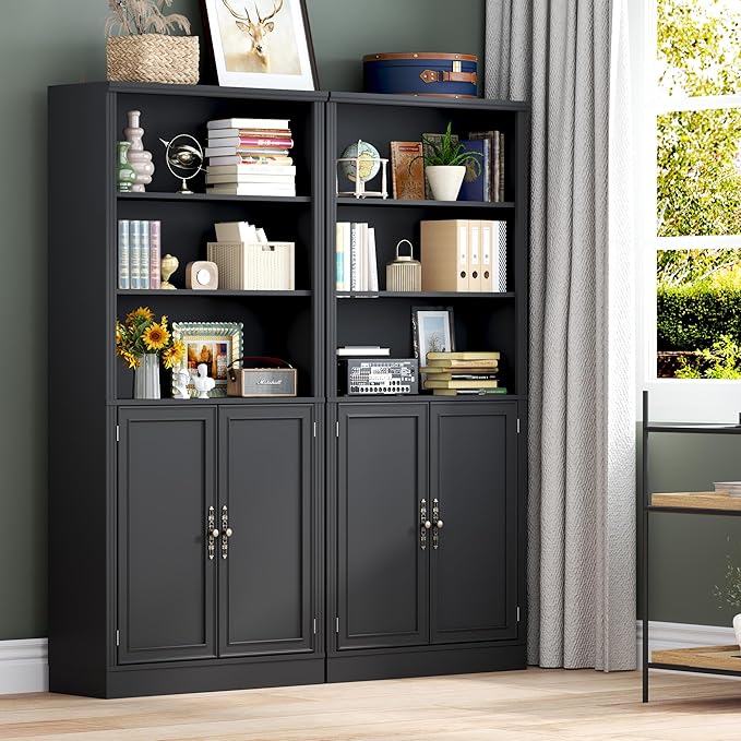 BORNOON 71.4" Tall Bookshelf with Cabinet, 5-Tier Floor Standing Bookcase with Doors & Adjustable Shelves, 31.5" Wide Storage Shelf, Metal Handles, Modern Organizer for Home Office, Living Room