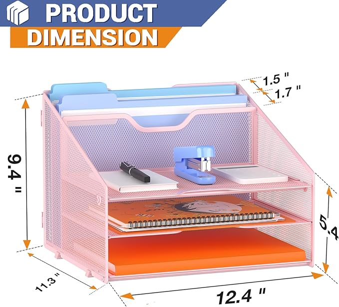 GAWERK Letter Tray Organizer, Mesh Desk File Organizer with 3 Paper Trays and 2 Vertical Upright Section (Pink)