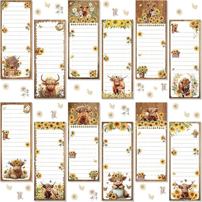 Eaasty 12 Pcs Highland Cattle Magnetic Notepads for Refrigerator Highland Cow Monthly Magnetic Grocery List 9 x 3.5 Magnet Memo Pads 30 Sheet Per Pad Shopping to Do List for January to December