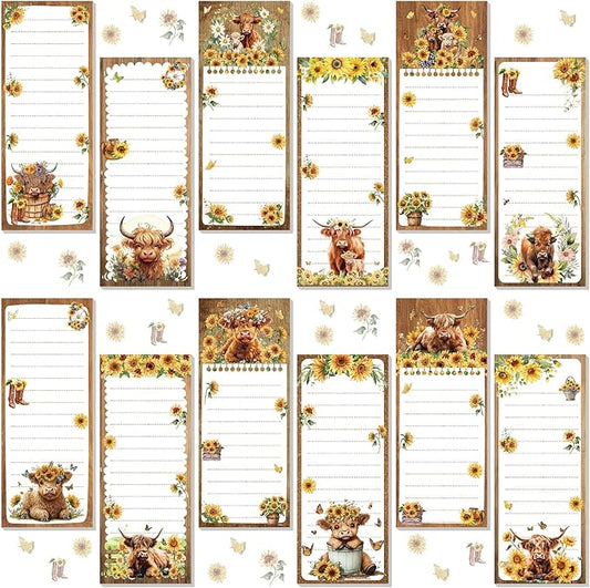 Eaasty 12 Pcs Highland Cattle Magnetic Notepads for Refrigerator Highland Cow Monthly Magnetic Grocery List 9 x 3.5 Magnet Memo Pads 30 Sheet Per Pad Shopping to Do List for January to December