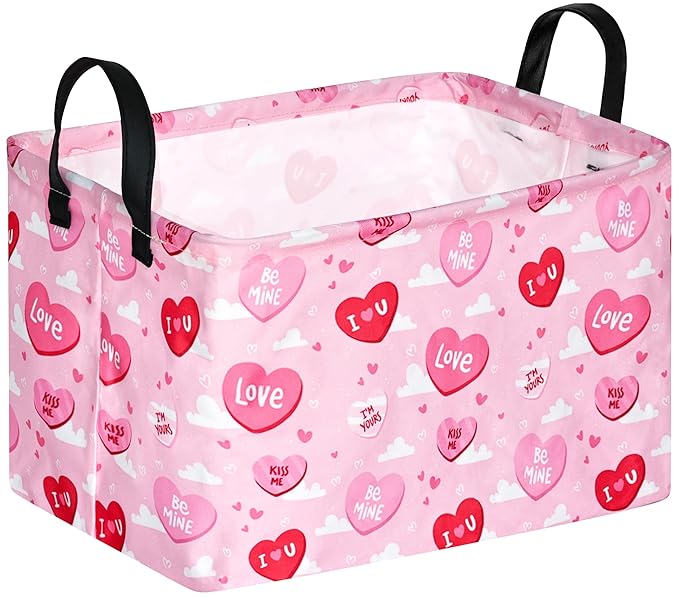FUULOXE Rectangular Valentines Basket Storage Bin for Shelves Girls Gifts Baskets Foldable Box with Handles for Home Office Car Dormroom Valentine's Day Party Supplies