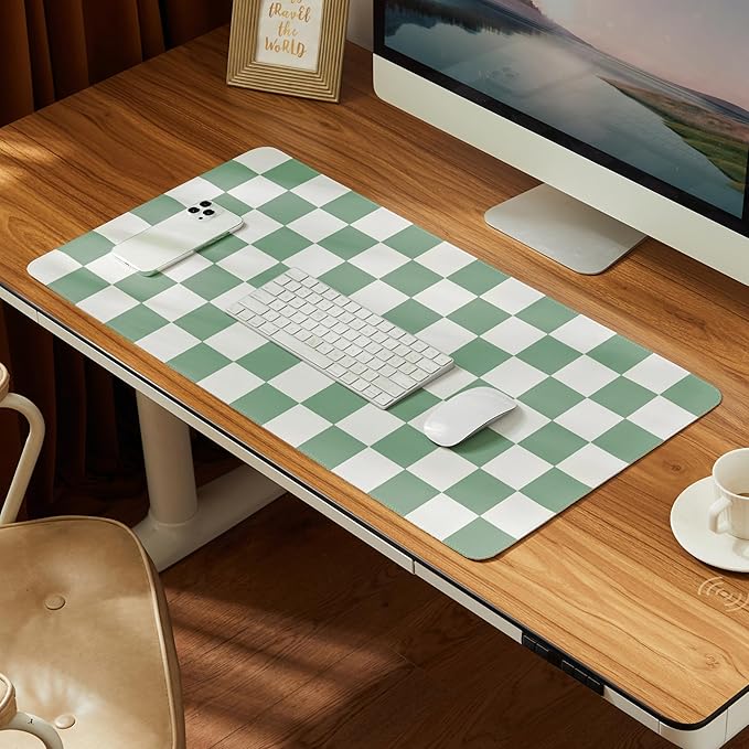 Ohocut Checkered Desk Mat, Large Cute Aesthetic Retro PU Leather Computer Laptop Desk Mat, Non-Slip Waterproof Mouse Keyboard Pad, Desk Writing Mat for Work/Home (Sage, 31.5" x 15.7")