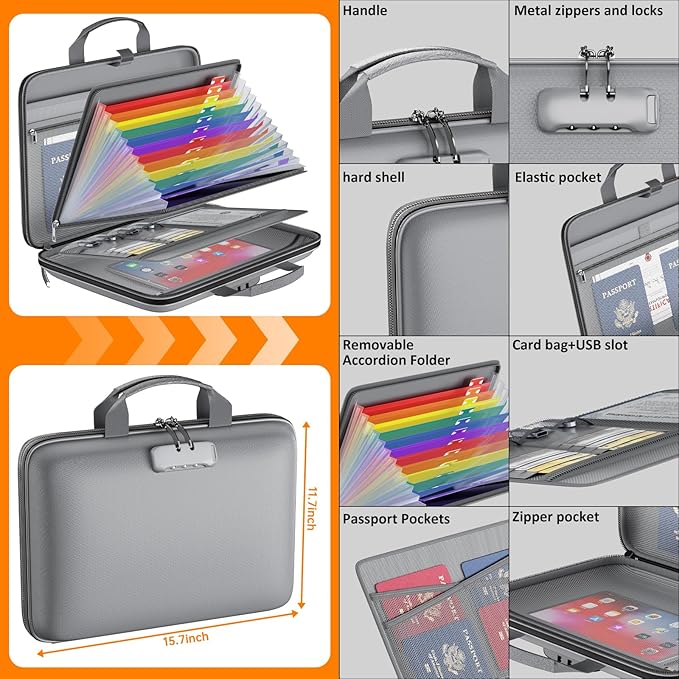Fireproof File Organizer with Lock, Hard-Shell Case Fireproof Document Box with 13 Colorful Pockets Accordion File Folder, Important Document Organizer for Letter A4 Files Laptop Passports (Grey)