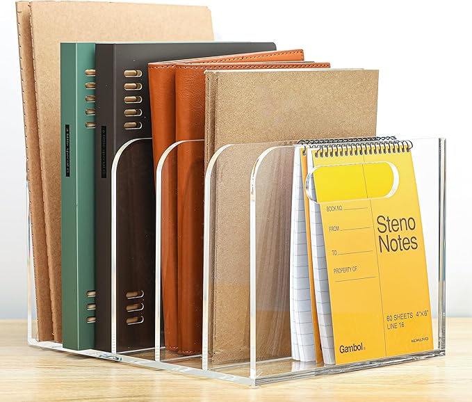 AIDIMOO Acrylic Magazine File Holder, 5 Vertical Compartments Desk Document Sorter Organizer, Clear Folder Rack Binder for Office/Documents/Classroom, for Home, Tablet, Magazines, Books & Accessories
