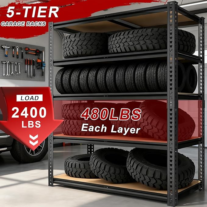 ZEUKMXOO Garage Racks for Storage，5-Tier Adjustable Garage Shelving Storage Shelves,2400LBS Capacity Heavy Duty Shelving for Carport Warehouse Basement,72" H x40 W x20 D
