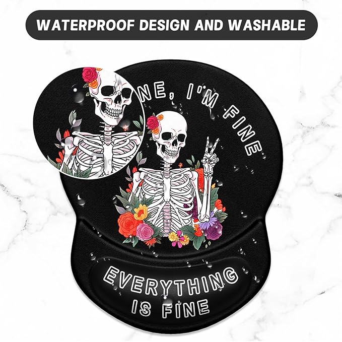 ITNRSIIET Ergonomic Mouse Pad with Gel Wrist Support Small Wrist Rest Smooth Surface Non-Slip PU Base Comfortable Office Supplies Pain Relief, 8.7 x 7.2 inches, Flower Skull