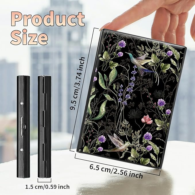 BWEGRHE Slim Credit Card Holder, Wild Flower Hummingbird RFID Blocking Metal Wallet for Men & Women, Aluminum Minimalist Hard Case Pocket-Sized Business Cards Organizer (Fits Up to 10 Cards)