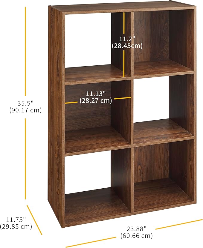 Whitmor 6 Cube Bookcase Storage Organizer, 3 Tier Stackable MDF Bookshelf, Open Storage Display Shelf, Storage Cabinet for Living Room, Bedroom, Home, Office, 23.9" L x 11.7" W x 35.5" H, Walnut