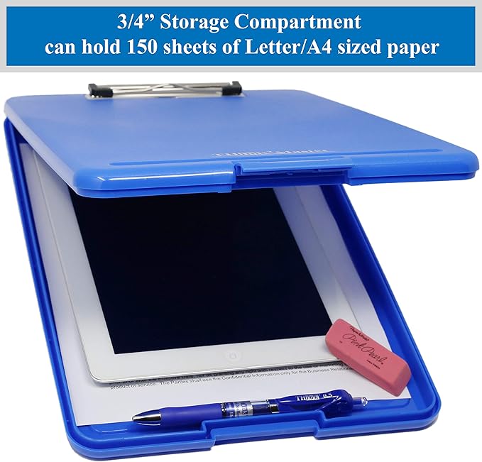 Think2Master Blue Plastic Storage Clipboard. | 25% Heavier & 25% Sturdier| Heavy Duty and Won’t Flex or Bend Like Other Brands (Compare The Weight). Storage Compartment Holds 150 Letter Sized Paper.