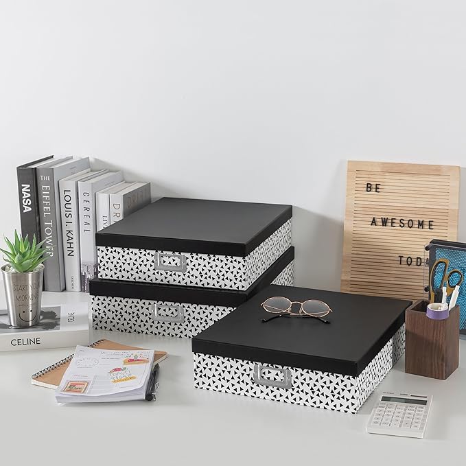 Soul & Lane Decorative Storage Boxes With Lids, Set of 3 Nesting Black and White Letter and Document Box Set for Photos, Scrapbooks, Keepsakes (Whimsical Triangles)