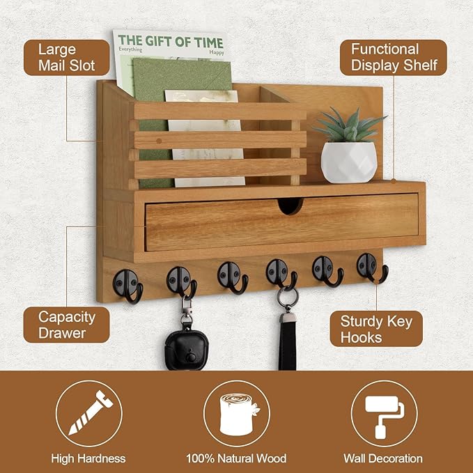 Lucundm Key Holder Wall Mount, Mail Holder with Storage Drawer and 6 Key Hooks for Coat, Dog Leash, Home Decor Rack, House Accessories, Entry Way Organizer