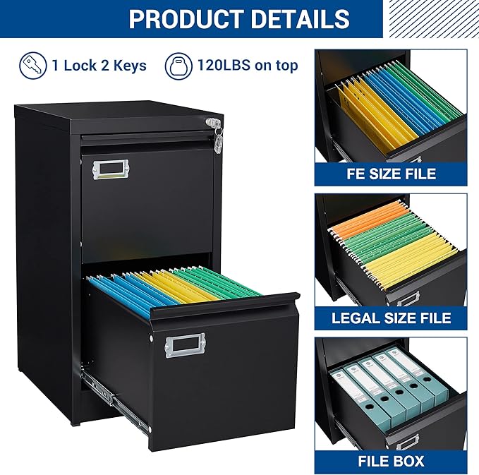 Fesbos 2 Drawers Vertical File Cabinets - 17.8" Deep Lockable Filing Cabinet - Black Metal Storage Cabinets for Home Office to Hanging Files Letter/Legal/F4/A4 Size