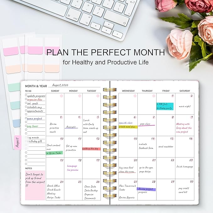 Undated Weekly and Monthly Planner – 12-Month To Do List Notebook Organizer with Goal & Habit Tracker, Monthly Calendar, Spiral Productivity Journal Ideal for Work, School & Home, 6.5" x 8.5", Rose
