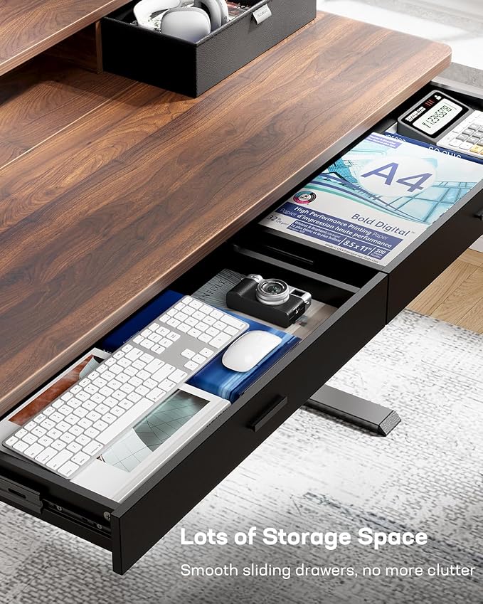HUANUO 48 x 30 inch Electric Standing Desk with 4 Drawers, Adjustable Height Sit Stand Home Office Desk with Two Tiers, Ergonomic Adjustable Stand up Desk C-Clamp Monitor Mount Compatible, Walnut