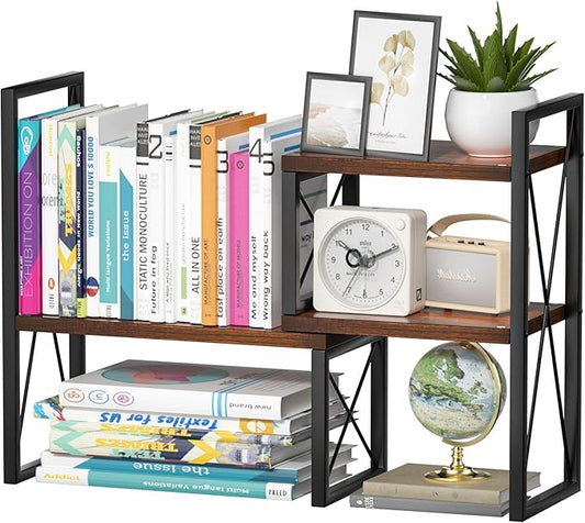 Yelinkws Desktop Shelf Organizer,Small Bookshelf for Office,Wood Desk Top Shelves, Office Organization and Storage (Brown)