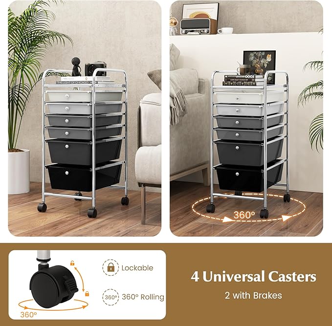 RELAX4LIFE 6-Drawer Rolling Storage Cart - Classroom Organization on Wheels w/Removable Plastic Drawers, Mobile Art Craft Cart for School Paper Home Office, Utility Cart with Drawers (Gradient Grey)