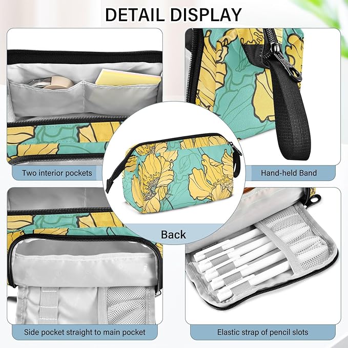 Bolaz Big Capacity Pencil Pen Case Pouch Bag School College Office Organizer for Teens Girls Adults Student-Yellow Flower Pattern