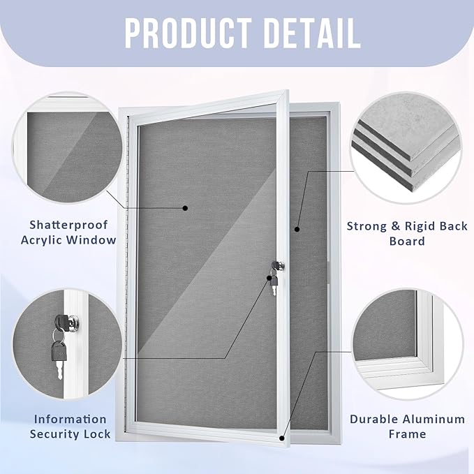 Homezelle Enclosed Bulletin Board 36"x24" Outdoor Weatherproof Cork Noticeboard with Locking Door Wall-Mounted Gray Fabric Silver Aluminium Frame for Home, School, Office, Community, Hospital