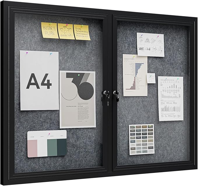 48"x36" Lockable Enclosed Bulletin Board, Outdoor Flet Weather-Resistant Aluminum Frame Notice Board, Wall Mounted Display Case Acrylic Doors for School,Office,Black Frame w/Grey Flet
