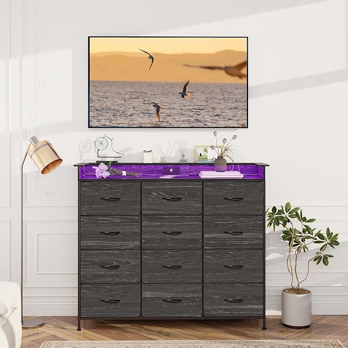 Welfuturer Black Dresser with LED Light 12 Drawers Dresser with Charging Station Dressers for Bedroom with 12 Fabric Drawers for Bedroom Hallway Entryway Closets Sturdy Steel Frame Wood Top Black