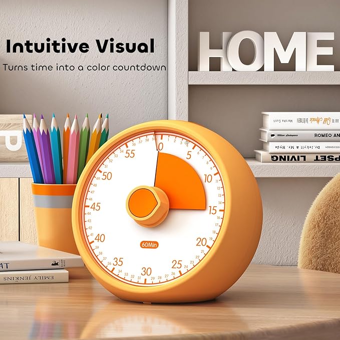 Visual Timer for Kids 60-Minute - Countdown Timer with Optional Alarm, Focus Tool for ADHD & Autism, Time Management for Homework, Chores, Office, Kitchen, Teaching & Study Routines (Orange)