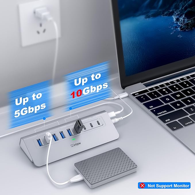 Powered USB Hub 10Gbps, intpw 9-Port USB 3.2 Hub, USB C Hub with USB A/USB C 3.2, 4 USB 3.0, 2 PD 45W Charging Ports, 65W Power Adapter and 3.3FT Cable, Aluminum USB Hub for Laptop, iPhone 17/16/15，PC
