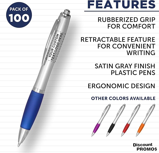 DISCOUNT PROMOS Personalized Ballpoint Pens With Rubber Grip, 100 pack Customizable Ergonomic Click-to-Write Custom Writing Pens for School with Black Ink, Blue