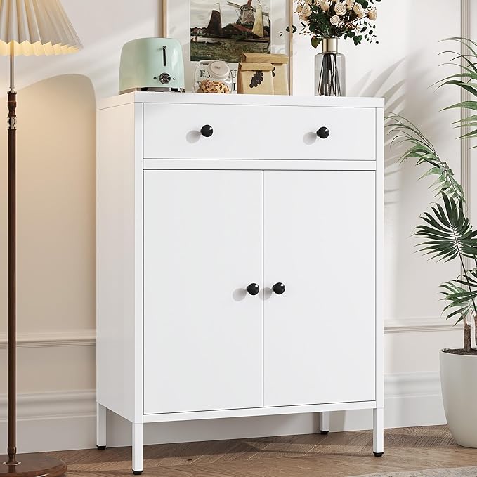 TaskStorz Metal Storage Cabinet with Drawer and Adjustable Shelf, White Steel Sideboard Buffet Cabinet, 35.4" H Coffee Bar Cabinet for Kitchen, Dining Room, Entryway