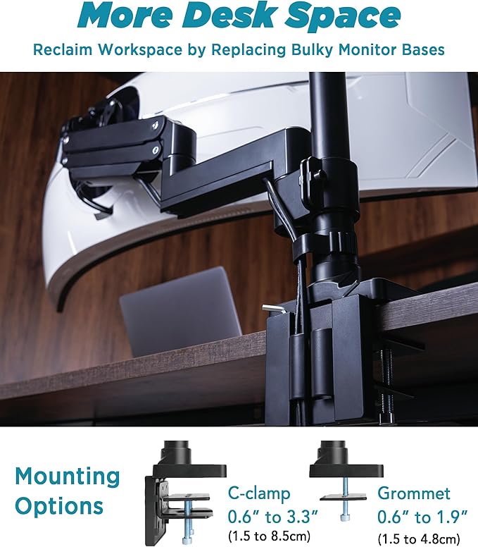 ULTRARM Heavy Duty Monitor Arm for Ultrawide Monitors up to 57" and 44 lbs, Single Desk Stand, Pneumatic Height Adjustable, Modular Extension Arms - Max VESA 100x100, Black, MA20P-S