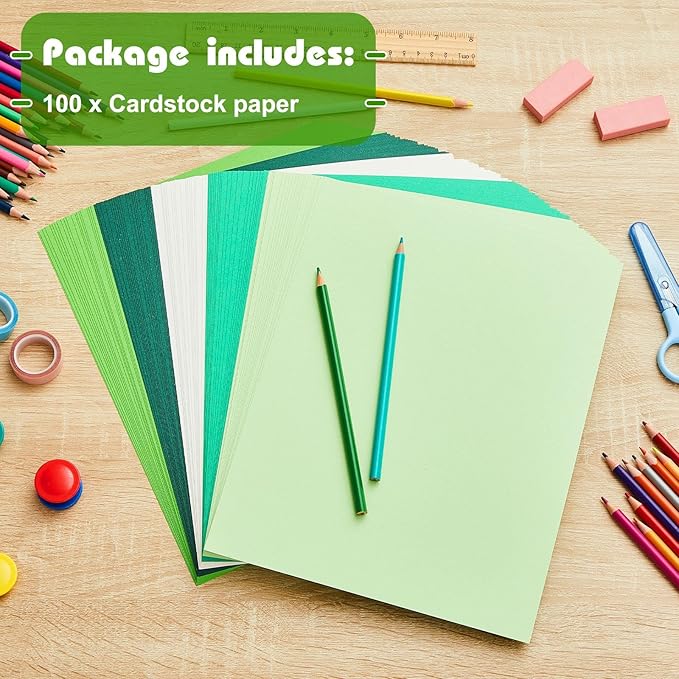 Sinmoe 100 Sheets 5 Shades Cardstock Paper 8.5 x 11 Inches 180gsm Solid Core Printer Paper for Scrapbooking DIY Arts Crafts Making Office Home Supplies (Green Series)