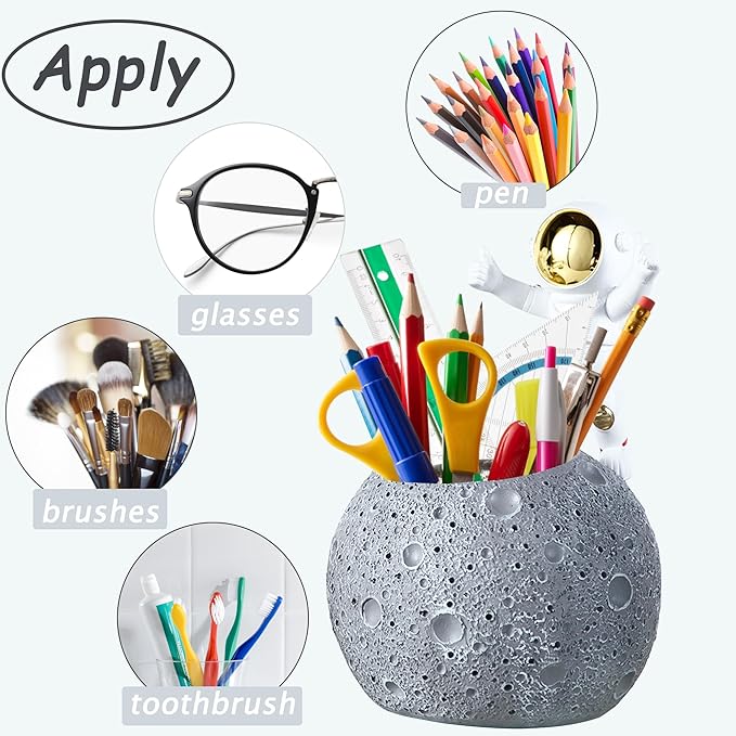 Kimdio Pen Holder, Astronaut Stand for Desk Pencil Holder, Resin Desk Moon Organizer Decorative Accessories Ideal Gift for Office, Classroom, Home - Grey