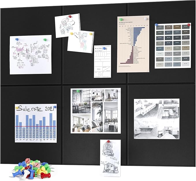 Neatsure Large Cork Board for Wall, Black Felt Bulletin Board with Pushpins, 36" x 24" 6 Panels Wall Tiles, Tack Push Pin Boards for Office