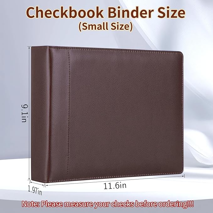 Antner 3 Ring Personal Check Binder for 3-on-a-Page End-Stub Deskbook & Personal 3 Holes or 9 Holes Small Size Checks, PU Leather Check Holder Checkbook Binder Cover with Zipper Pouch, Coffee