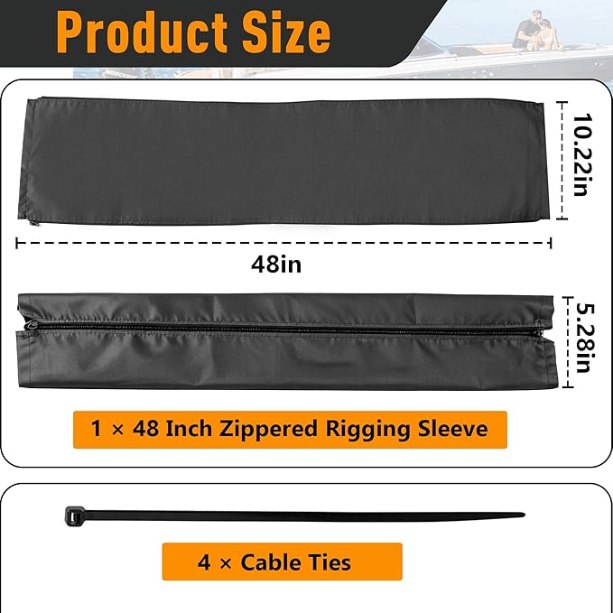 48 Inch Zippered Rigging Sleeve | Heavy Duty 600D Waterproof Marine Cable Organizer for Trolling Motor, Control Cables, Fuel Lines & Wires | Black with Cable Tie