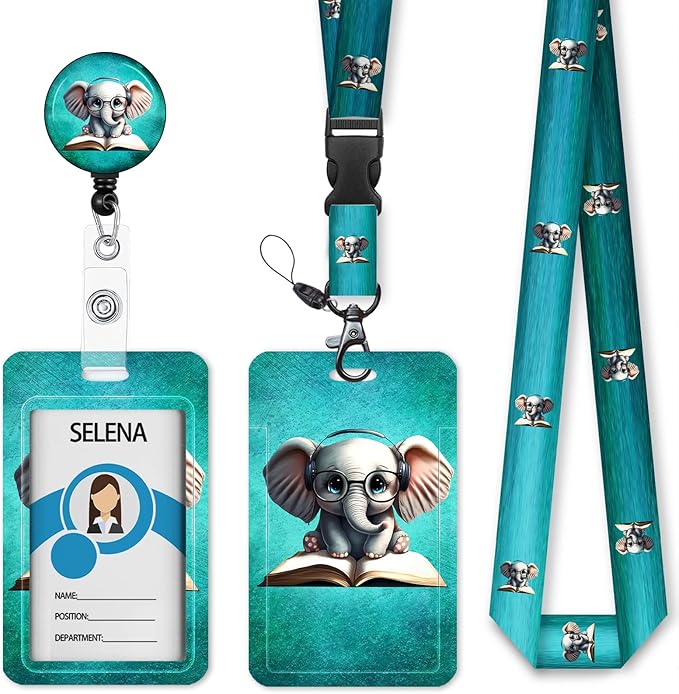 Elephant Badge Holder with Retractable Lanyard, Cute Lanyards for ID Badges Name Tags Vertical Card Holder, Breakaway Lanyard Badge Reel Retractable, Teacher Nurse Workers Women Office Gifts
