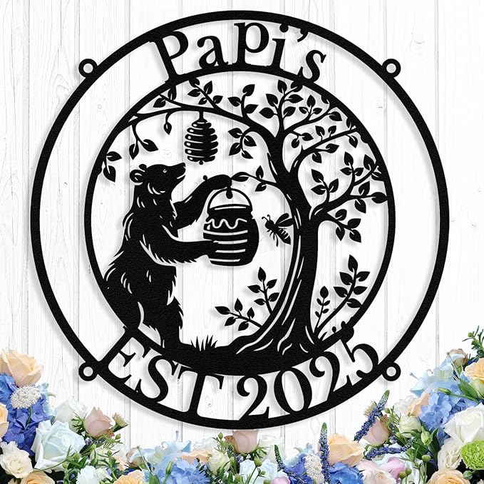 Custom Bear Metal Sign, Custom Bear Metal Wall Art Decor, Personalized Last Name Signs for Home, Rustic Farmhouse Black Wall Decor for Cabin, Bedroom, Living Room, Porch