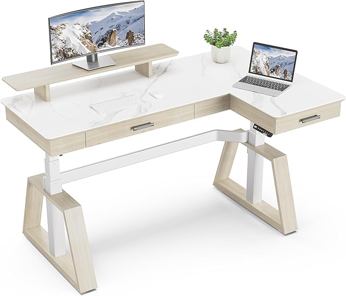 EUREKA ERGONOMIC Electric Standing Desk with Dual Drawers,63 Inches Height Adjustable L-Shaped Office Desk,Sit Stand Desk Ergonomic Executive Desk Computer Workstations with Monitor Stand,Right/White